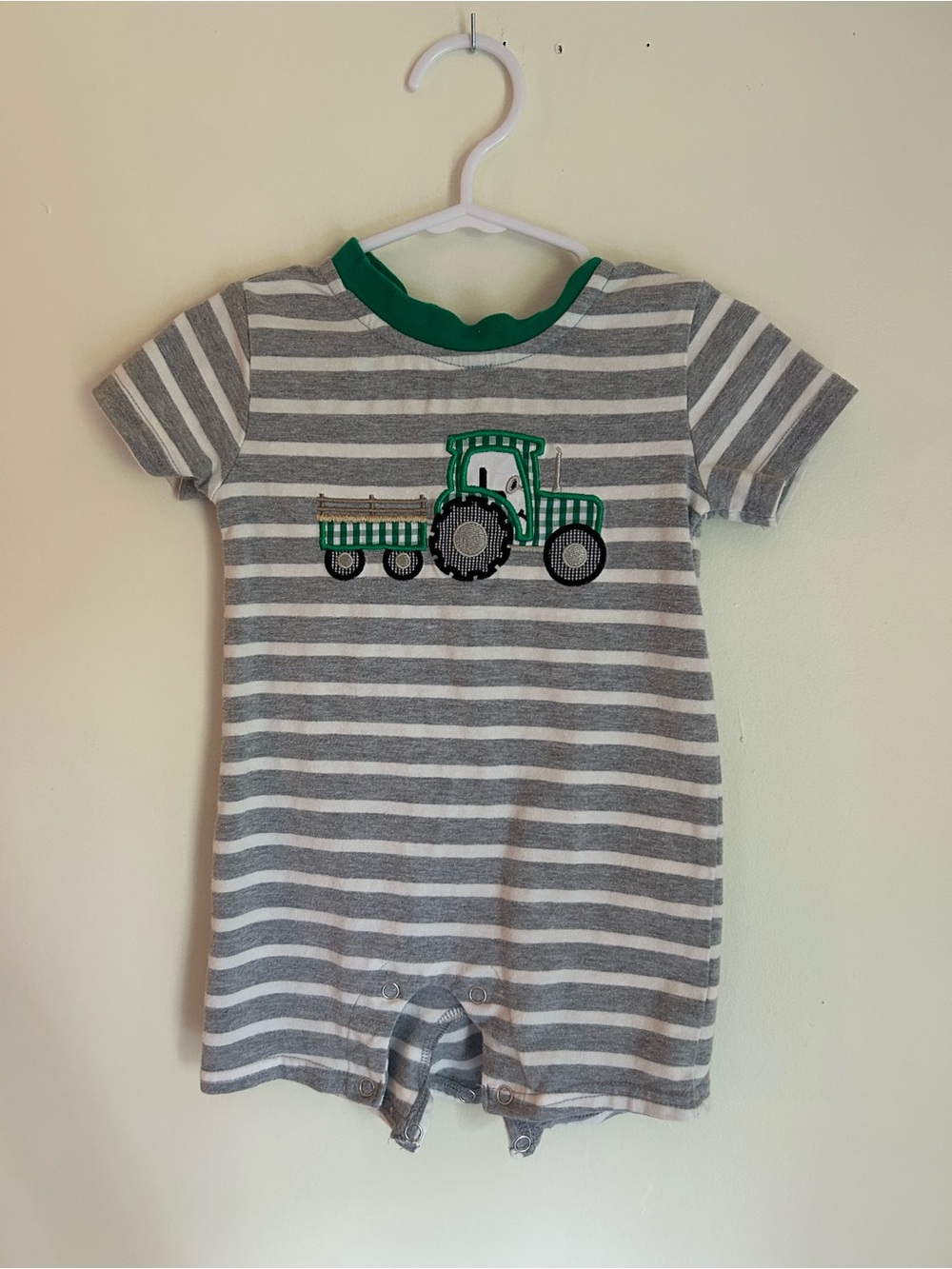 Striped Gray & White Short-Sleeve Romper with Green Tractor